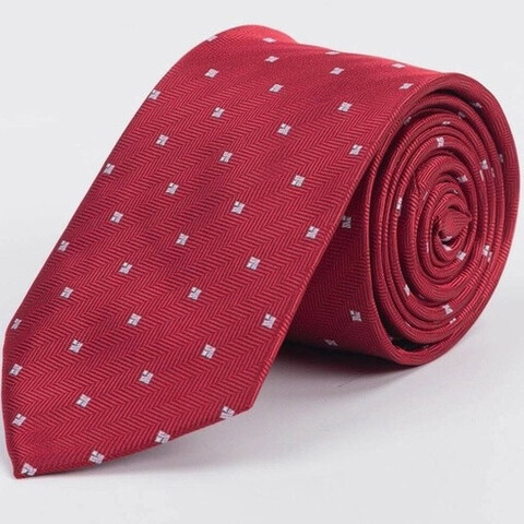 Прокат галстука красного цвета в фактурную полоску с белым узором для мужского костюма