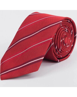 Прокат галстука красного цвета в белую полосу и разноцветной обводкой для мужского костюма, изображение 1