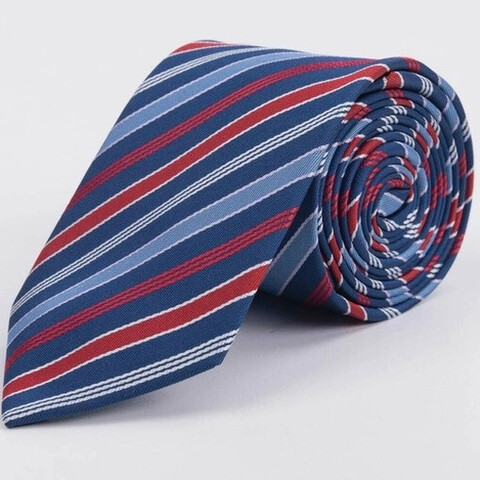 Синий галстук напрокат с выделенными разноцветными полосами для мужских костюмов