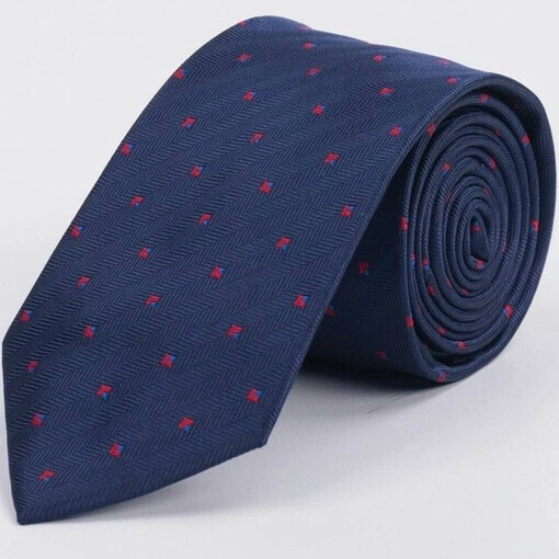 Галстук напрокат синего цвета в фактурную полоску и красно-голубым квадратным узором для мужского ко