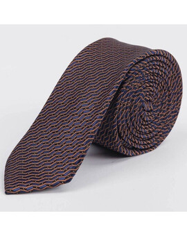 Аренда узкого галстука оранжевого цвета с черно-синим узором для мужского костюма, изображение 1