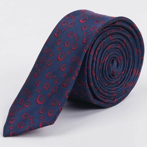 Прокат узкого галстука темно-синего цвета с красным кольцевым узором для мужских костюмов