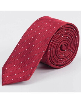 Аренда узкого галстука бордового цвета в полоску с белым точечным узором для мужских костюмов, изображение 1