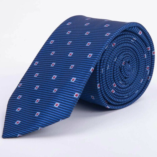 Арендовать ярко-синий галстук в текстурированную полоску с красным узором квадратной формы для мужск